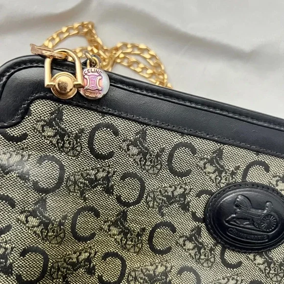 Celine Monogram Canvas Crossbody Clutch in Black and Brown with Gold Chain - Picture 5 of 16
